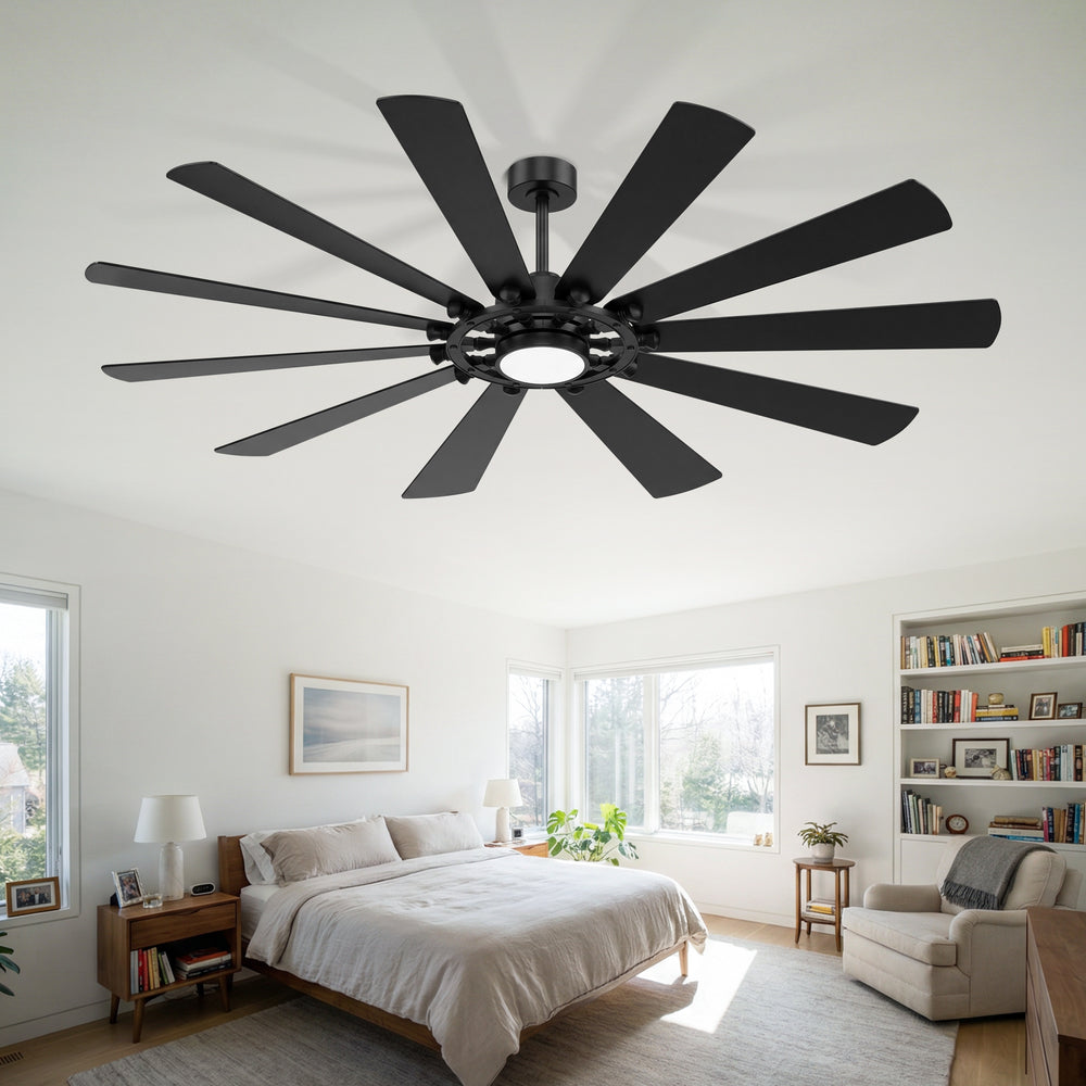 62/72-inch Large Ceiling Fan with Light and Remote, Reversible 10-Blade DC Motor Matte Black LED Ceiling Fan