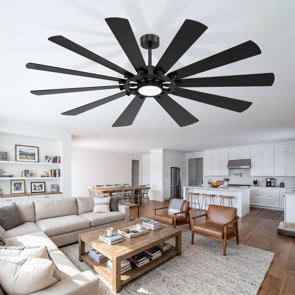 62/72-inch Large Ceiling Fan with Light and Remote, Reversible 10-Blade DC Motor Matte Black LED Ceiling Fan