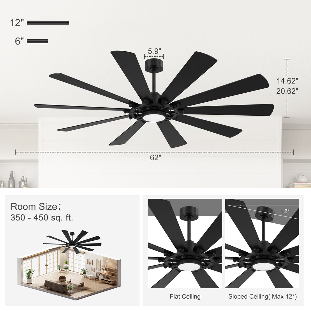 62/72-inch Large Ceiling Fan with Light and Remote, Reversible 10-Blade DC Motor Matte Black LED Ceiling Fan