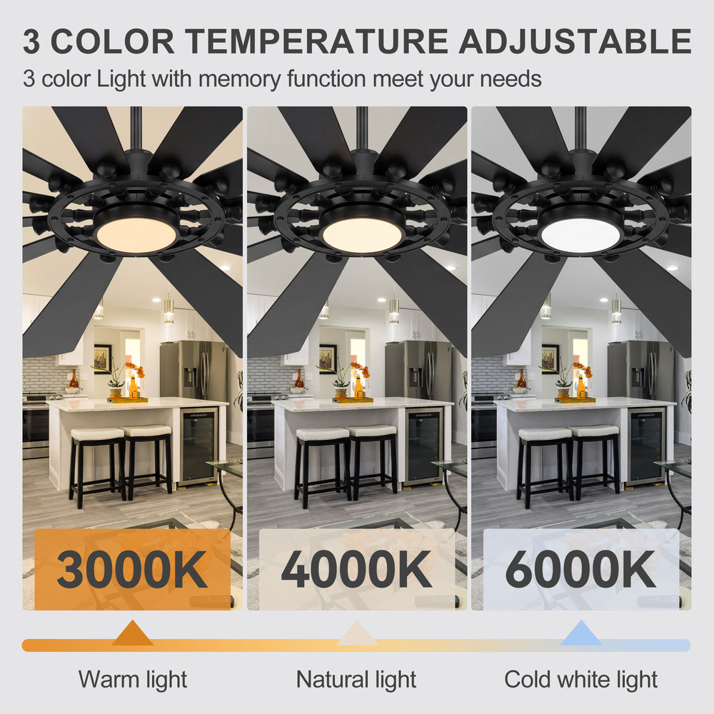 62/72-inch Large Ceiling Fan with Light and Remote, Reversible 10-Blade DC Motor Matte Black LED Ceiling Fan