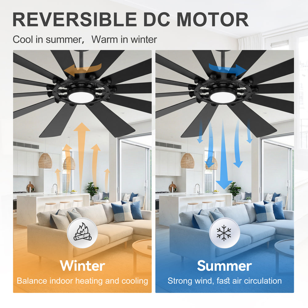 62/72-inch Large Ceiling Fan with Light and Remote, Reversible 10-Blade DC Motor Matte Black LED Ceiling Fan
