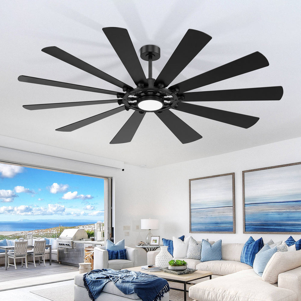 62/72-inch Large Ceiling Fan with Light and Remote, Reversible 10-Blade DC Motor Matte Black LED Ceiling Fan