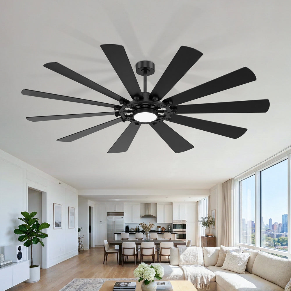 62/72-inch Large Ceiling Fan with Light and Remote, Reversible 10-Blade DC Motor Matte Black LED Ceiling Fan