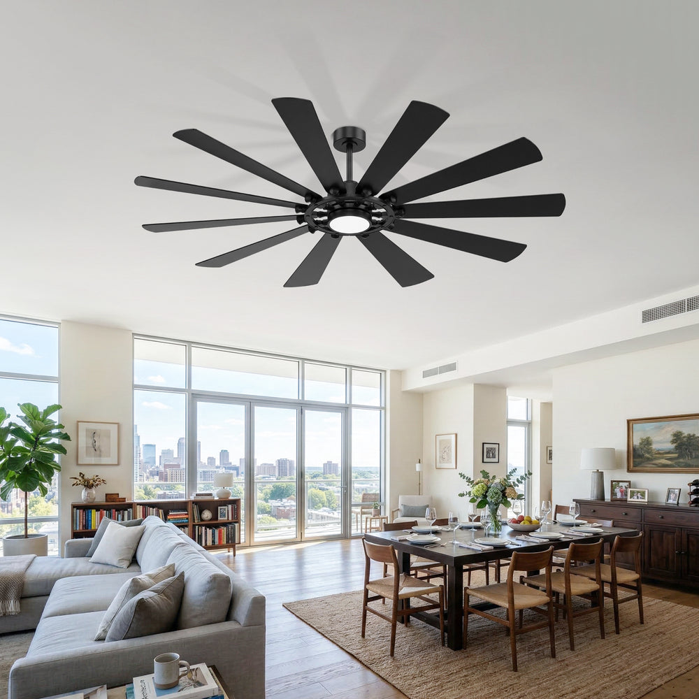 62/72-inch Large Ceiling Fan with Light and Remote, Reversible 10-Blade DC Motor Matte Black LED Ceiling Fan
