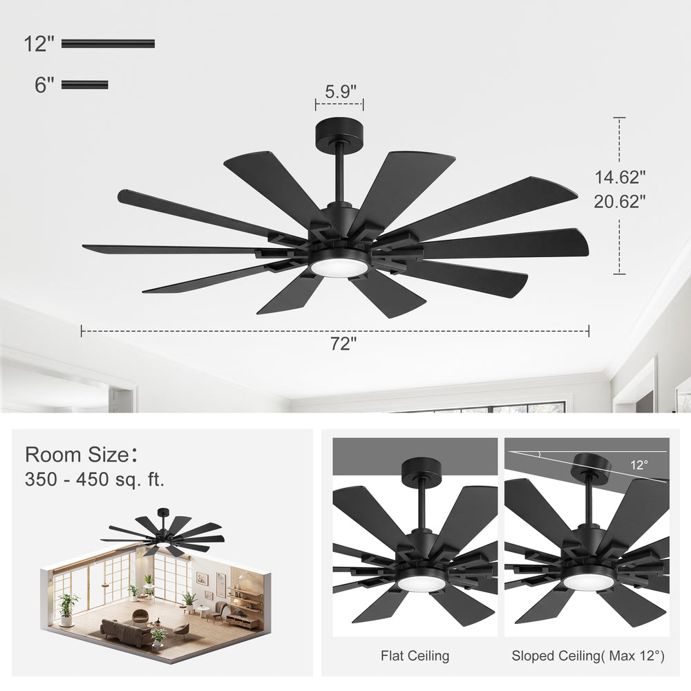 62/72-inch Large Ceiling Fan with 3CCT Light and Remote, 10-Blade Dual-Sided Blades Matte Black LED Ceiling Fan
