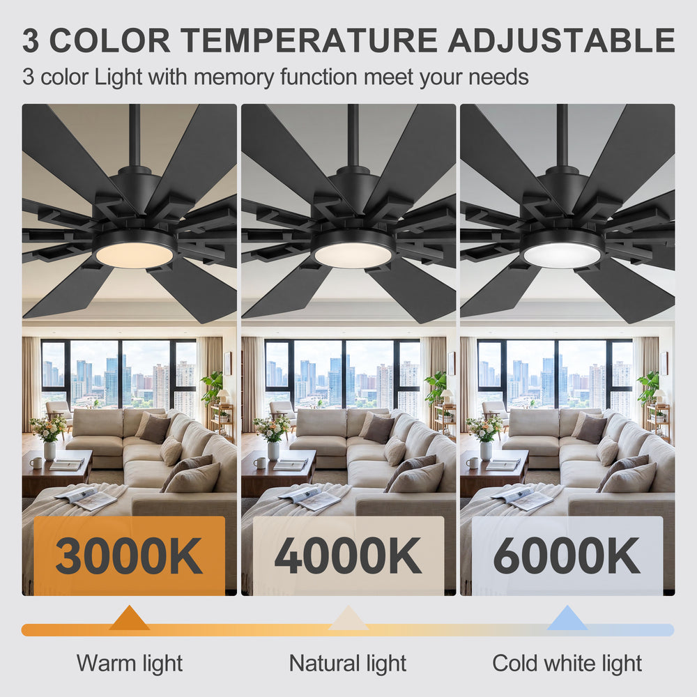 62/72-inch Large Ceiling Fan with 3CCT Light and Remote, 10-Blade Dual-Sided Blades Matte Black LED Ceiling Fan