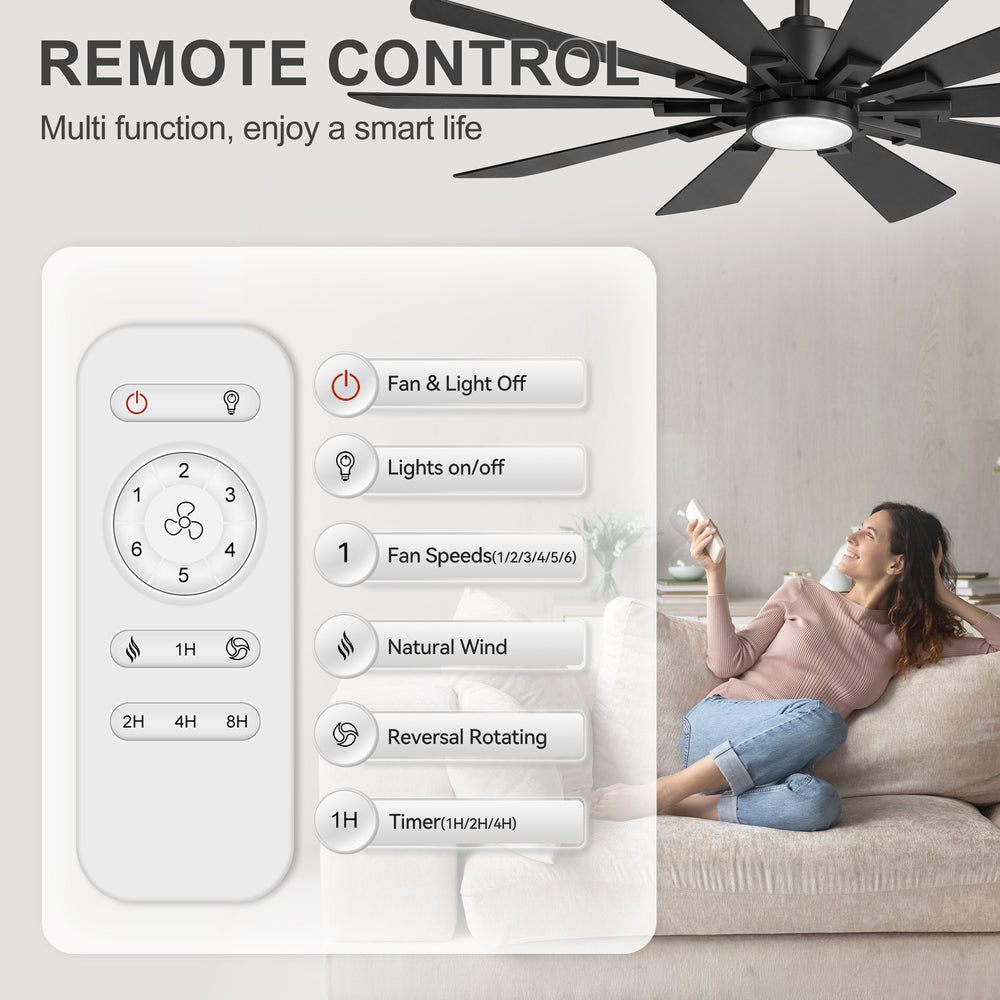 62/72-inch Large Ceiling Fan with 3CCT Light and Remote, 10-Blade Dual-Sided Blades Matte Black LED Ceiling Fan
