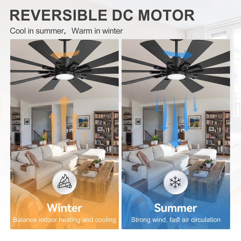 62/72-inch Large Ceiling Fan with 3CCT Light and Remote, 10-Blade Dual-Sided Blades Matte Black LED Ceiling Fan