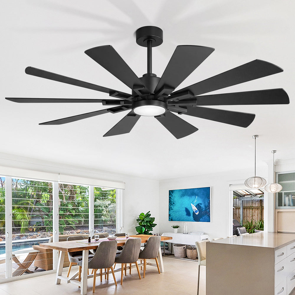 62/72-inch Large Ceiling Fan with 3CCT Light and Remote, 10-Blade Dual-Sided Blades Matte Black LED Ceiling Fan
