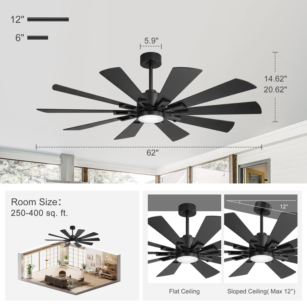 62/72-inch Large Ceiling Fan with 3CCT Light and Remote, 10-Blade Dual-Sided Blades Matte Black LED Ceiling Fan