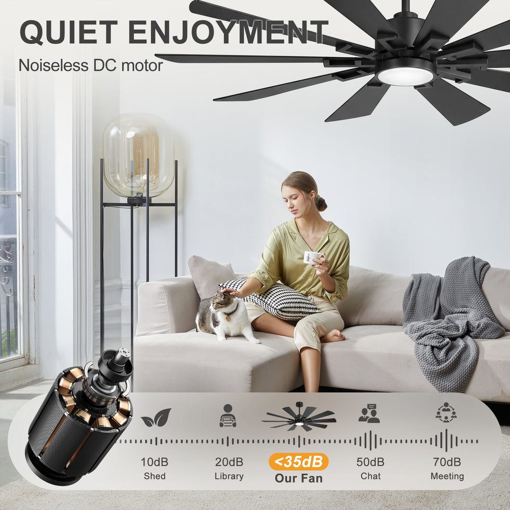 62/72-inch Large Ceiling Fan with 3CCT Light and Remote, 10-Blade Dual-Sided Blades Matte Black LED Ceiling Fan
