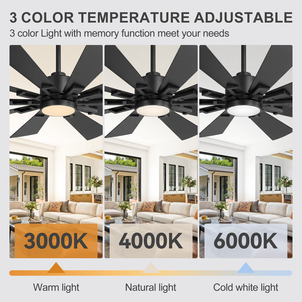62/72-inch Large Ceiling Fan with 3CCT Light and Remote, 10-Blade Dual-Sided Blades Matte Black LED Ceiling Fan