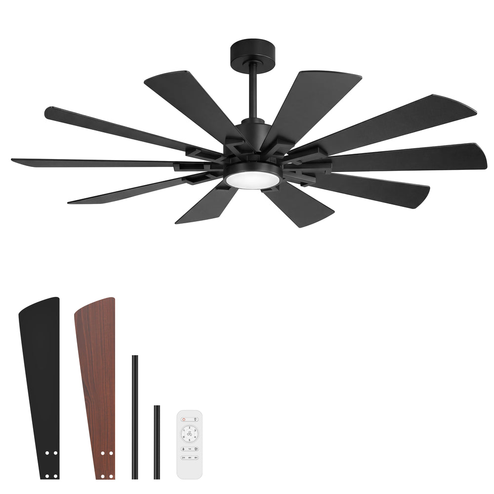 62/72-inch Large Ceiling Fan with 3CCT Light and Remote, 10-Blade Dual-Sided Blades Matte Black LED Ceiling Fan