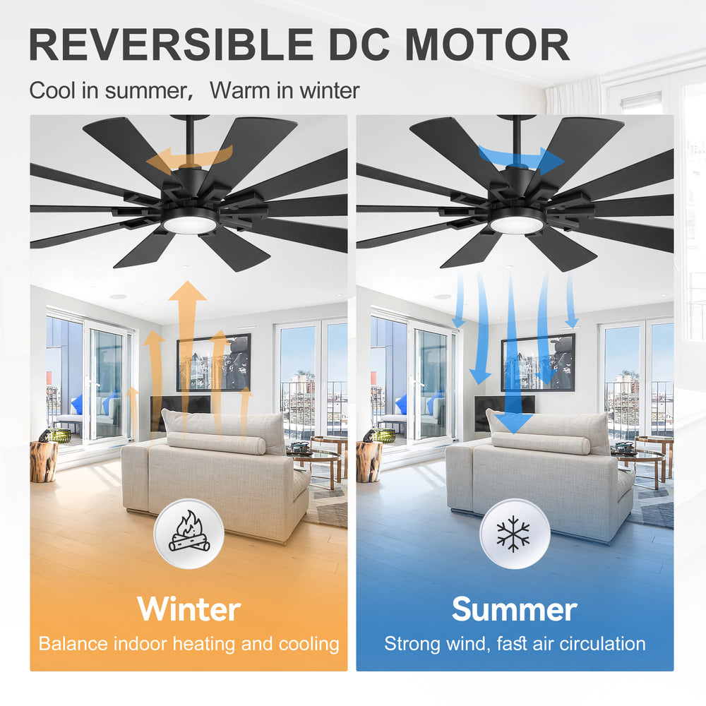 62/72-inch Large Ceiling Fan with 3CCT Light and Remote, 10-Blade Dual-Sided Blades Matte Black LED Ceiling Fan