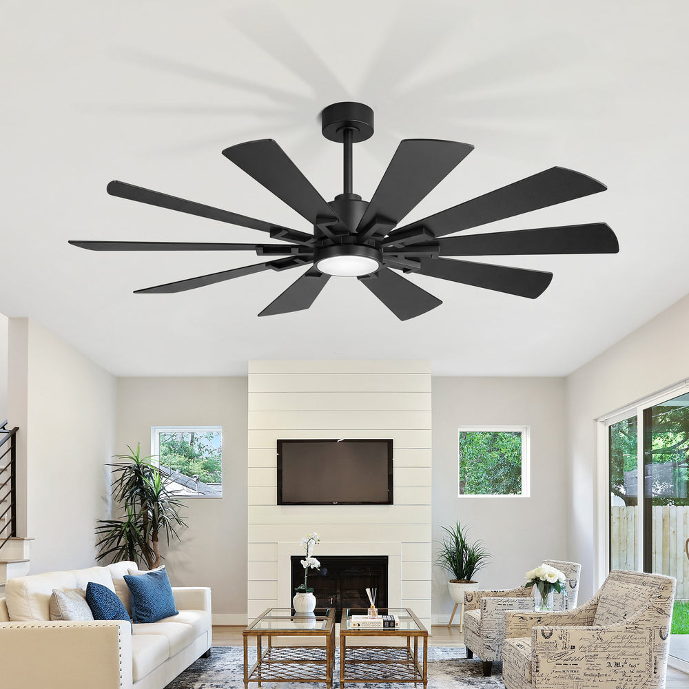 62/72-inch Large Ceiling Fan with 3CCT Light and Remote, 10-Blade Dual-Sided Blades Matte Black LED Ceiling Fan