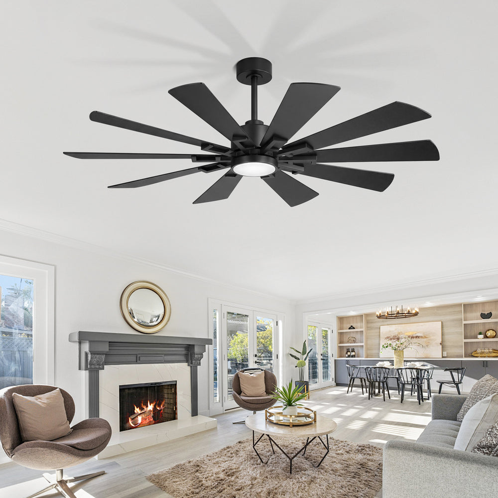 62/72-inch Large Ceiling Fan with 3CCT Light and Remote, 10-Blade Dual-Sided Blades Matte Black LED Ceiling Fan