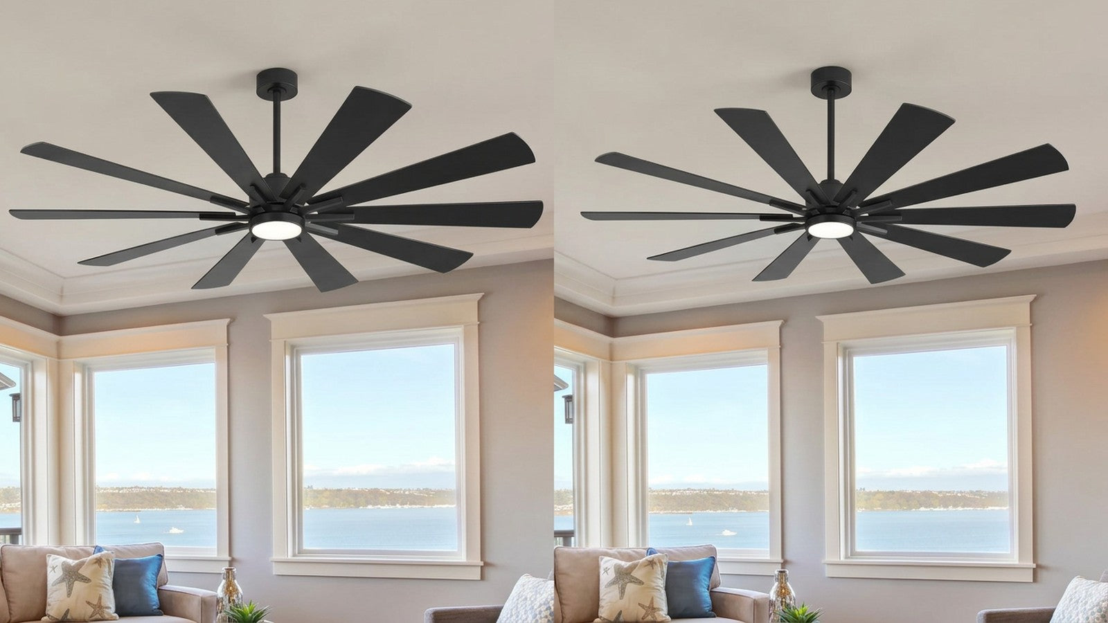 Breezary 40031 72-inch and 40032 62-inch ceiling fans shown with similar vertical installation heights