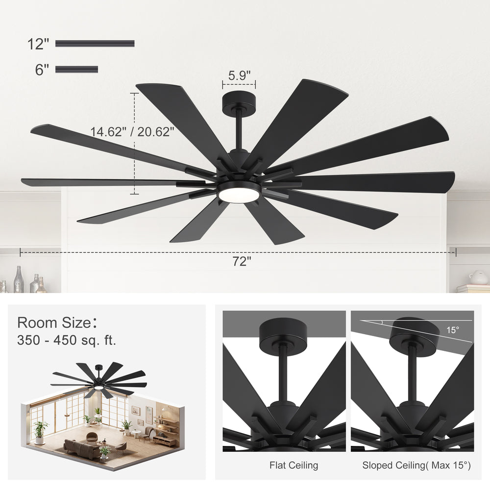 62/72-inch Large Ceiling Fan with 3CCT Light and Remote, Reversible 10-Blade Matte Black LED Ceiling Fan