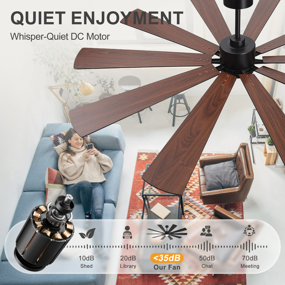 62/72-inch Large Ceiling Fan with 3CCT Light and Remote, Reversible 10-Blade Matte Black LED Ceiling Fan