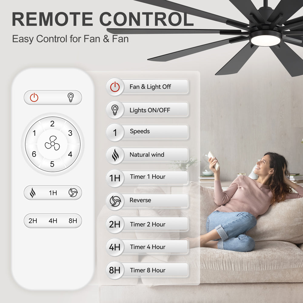 62/72-inch Large Ceiling Fan with 3CCT Light and Remote, Reversible 10-Blade Matte Black LED Ceiling Fan