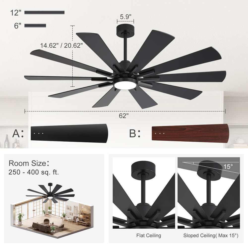 62/72-inch Large Ceiling Fan with 3CCT Light and Remote, Reversible 10-Blade Matte Black LED Ceiling Fan