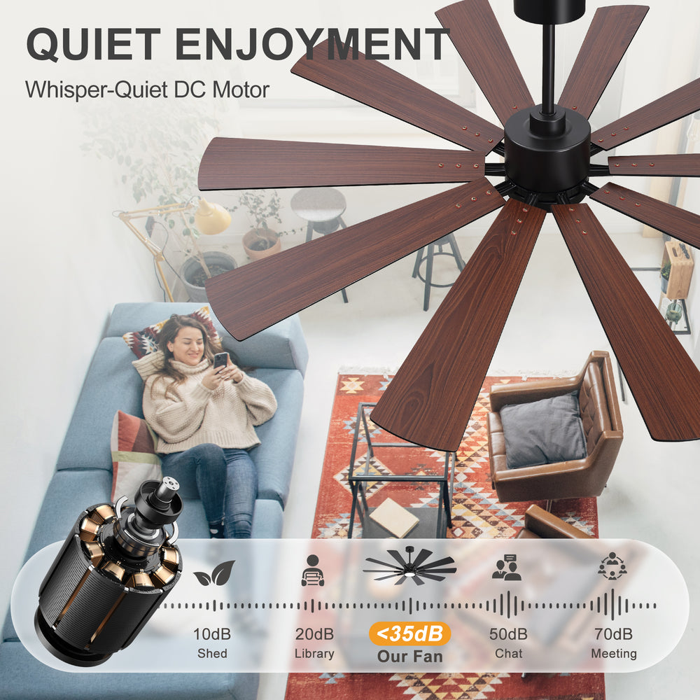 62/72-inch Large Ceiling Fan with 3CCT Light and Remote, Reversible 10-Blade Matte Black LED Ceiling Fan