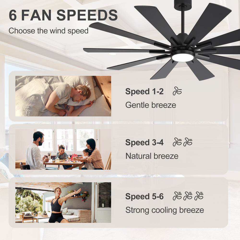 62/72-inch Large Ceiling Fan with 3CCT Light and Remote, Reversible 10-Blade Matte Black LED Ceiling Fan