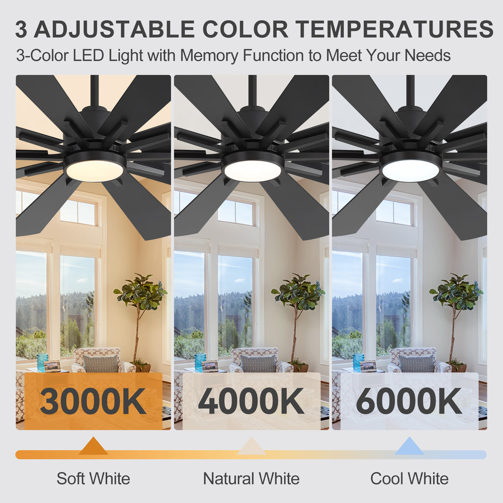 62/72-inch Large Ceiling Fan with 3CCT Light and Remote, Reversible 10-Blade Matte Black LED Ceiling Fan