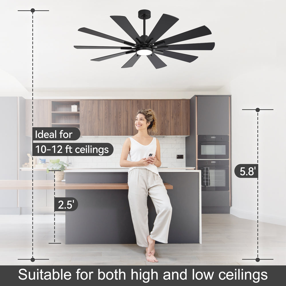 62/72-inch Large Ceiling Fan with 3CCT Light and Remote, Reversible 10-Blade Matte Black LED Ceiling Fan