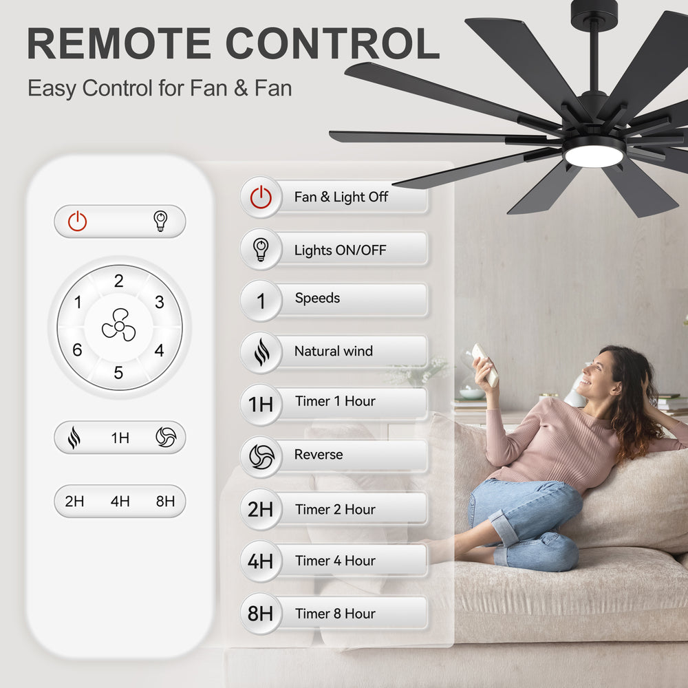 62/72-inch Large Ceiling Fan with 3CCT Light and Remote, Reversible 10-Blade Matte Black LED Ceiling Fan