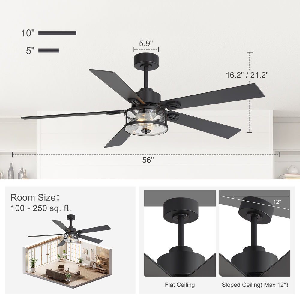 56 Inch Ceiling Fan with Light, Glass Shade, 5 Reversible Blades, DC Motor, Remote Control, 6 Speeds, Timer, Quiet Modern Ceiling Fan