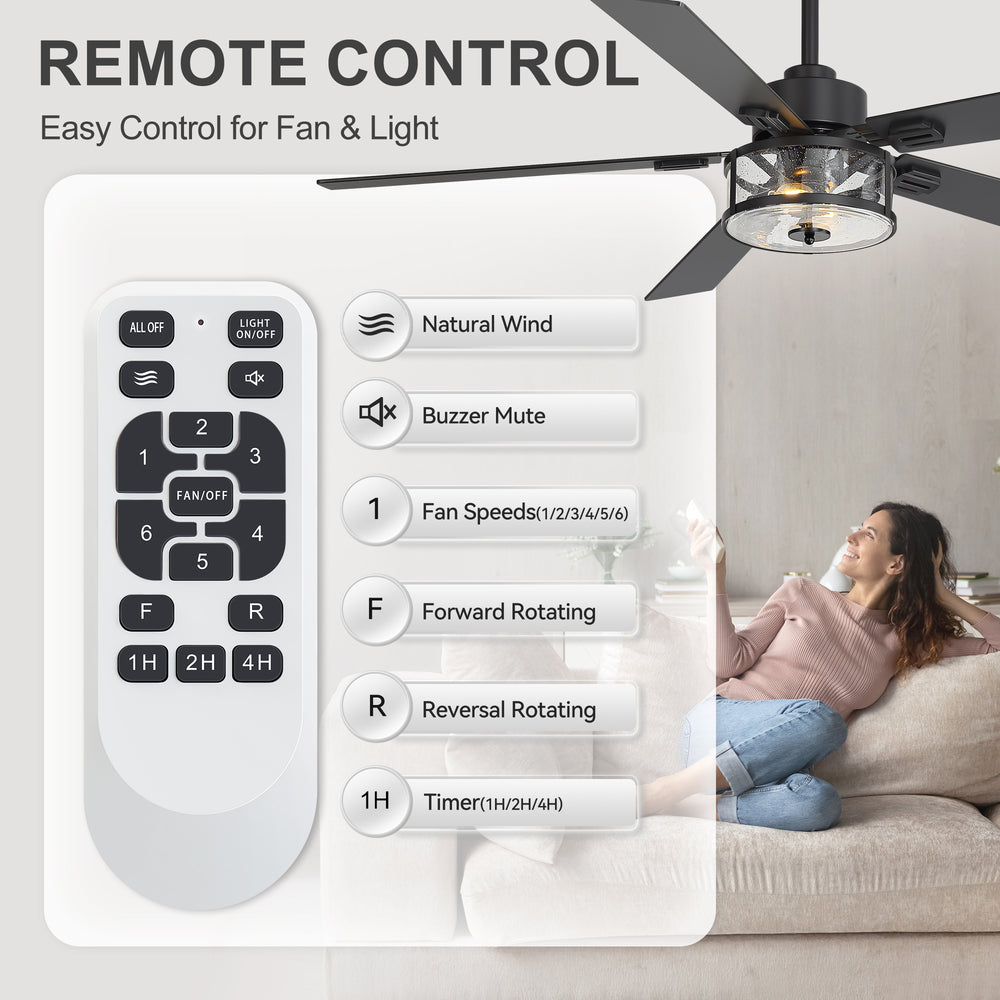 56 Inch Ceiling Fan with Light, Glass Shade, 5 Reversible Blades, DC Motor, Remote Control, 6 Speeds, Timer, Quiet Modern Ceiling Fan