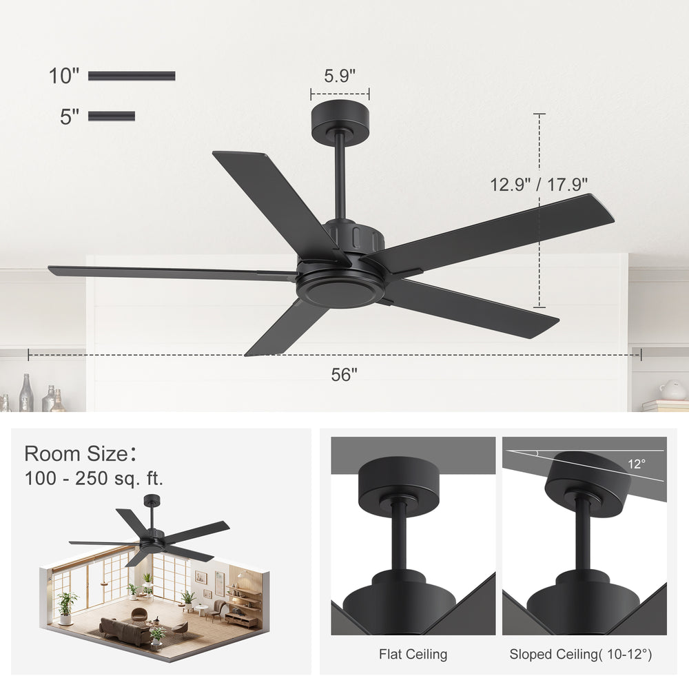 56 Inch Ceiling Fan Without Light, Quiet Reversible DC Motor, 6 Speeds, Remote Control, Timer, Matte Black Ceiling Fan for Living Room