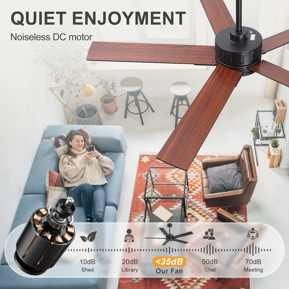 56 Inch Ceiling Fan Without Light, Quiet Reversible DC Motor, 6 Speeds, Remote Control, Timer, Matte Black Ceiling Fan for Living Room
