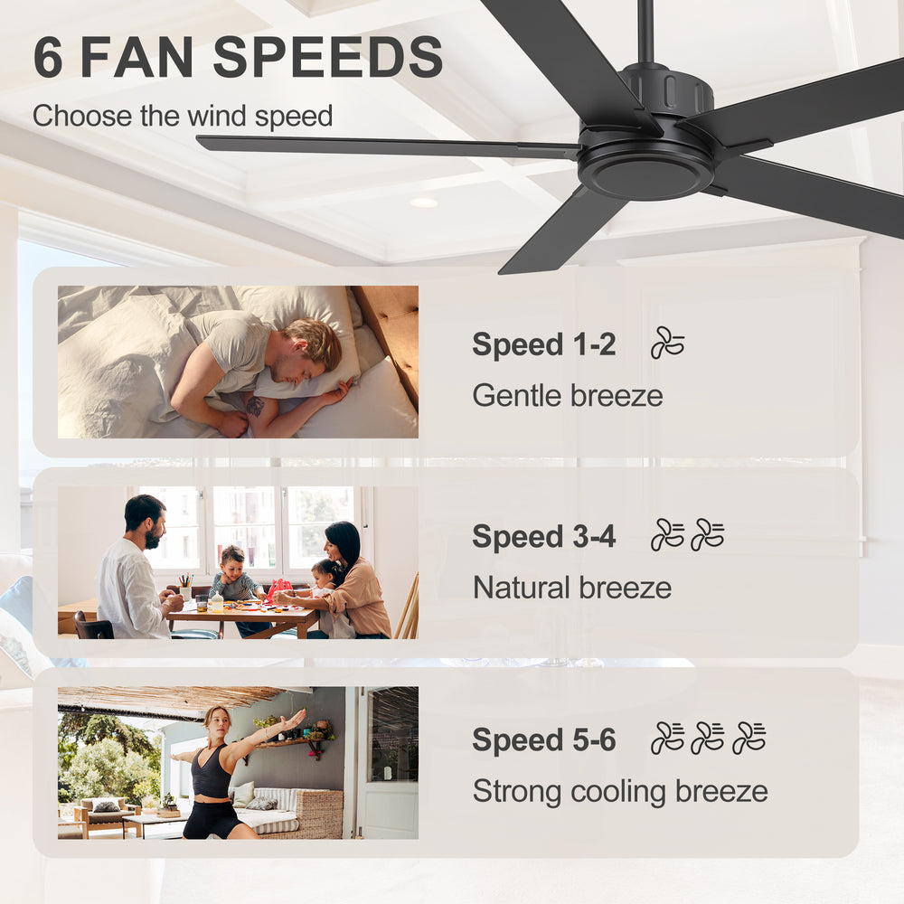 56 Inch Ceiling Fan Without Light, Quiet Reversible DC Motor, 6 Speeds, Remote Control, Timer, Matte Black Ceiling Fan for Living Room