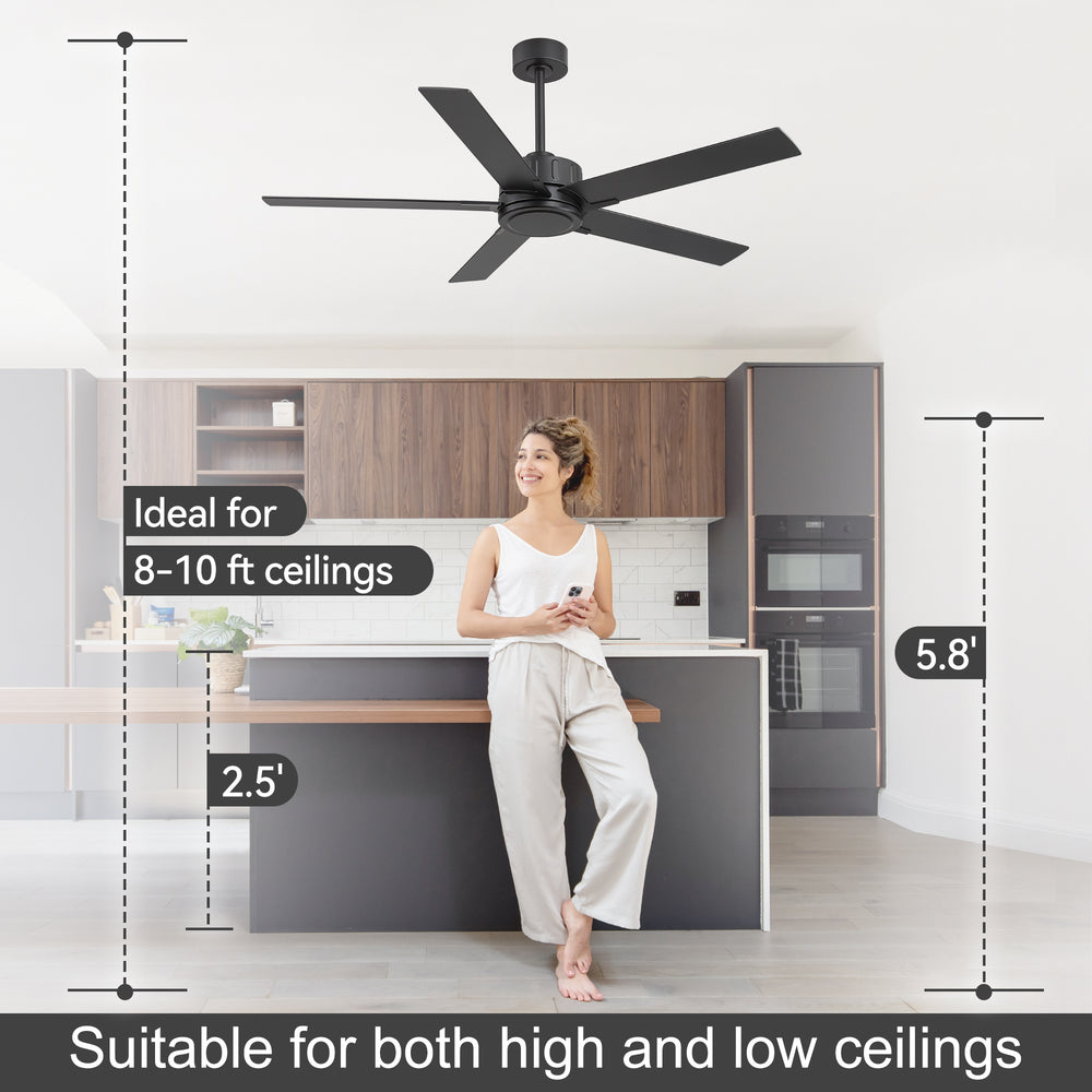 56 Inch Ceiling Fan Without Light, Quiet Reversible DC Motor, 6 Speeds, Remote Control, Timer, Matte Black Ceiling Fan for Living Room