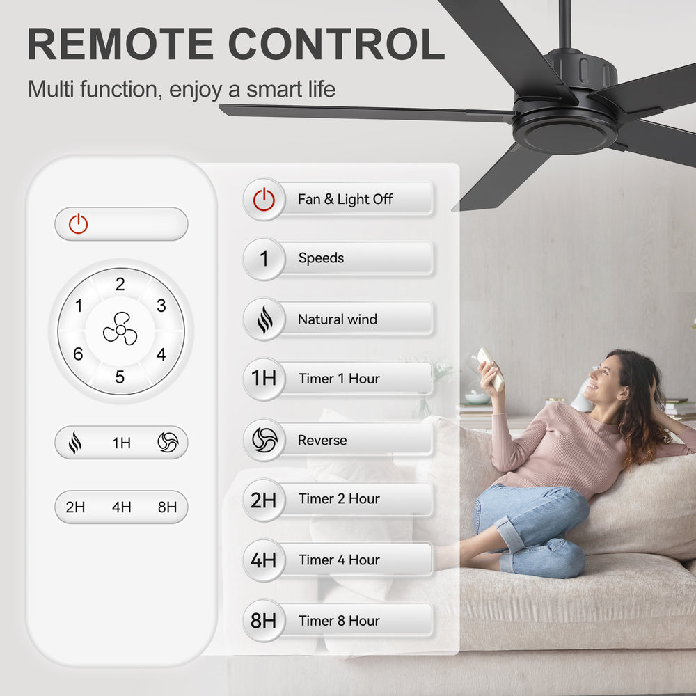 56 Inch Ceiling Fan Without Light, Quiet Reversible DC Motor, 6 Speeds, Remote Control, Timer, Matte Black Ceiling Fan for Living Room