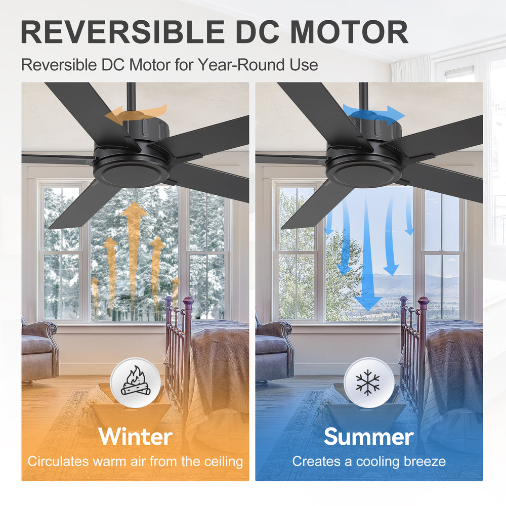 56 Inch Ceiling Fan Without Light, Quiet Reversible DC Motor, 6 Speeds, Remote Control, Timer, Matte Black Ceiling Fan for Living Room