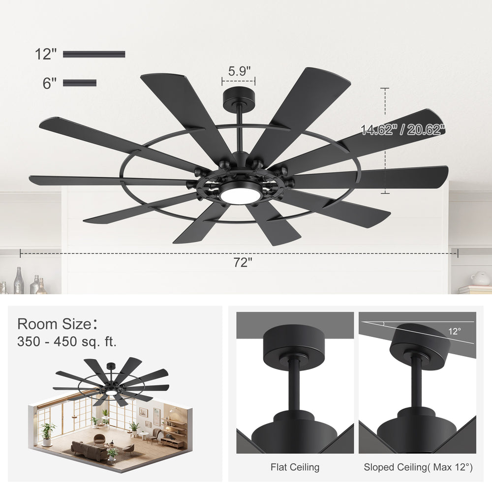AeroOrbit 72 inch ceiling fan dimensions with 6 and 12 inch downrods