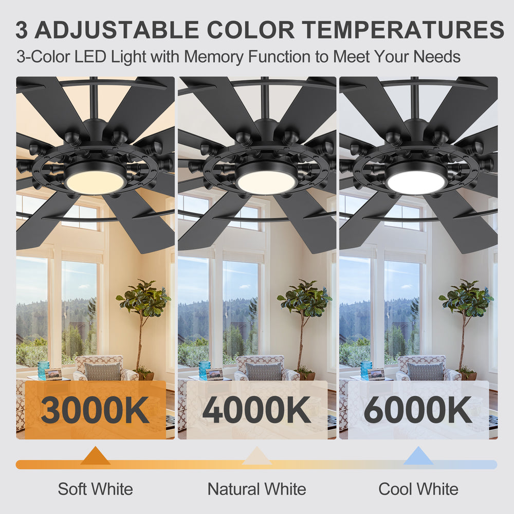 72 inch ceiling fan with LED light showing 3000K 4000K and 6000K settings