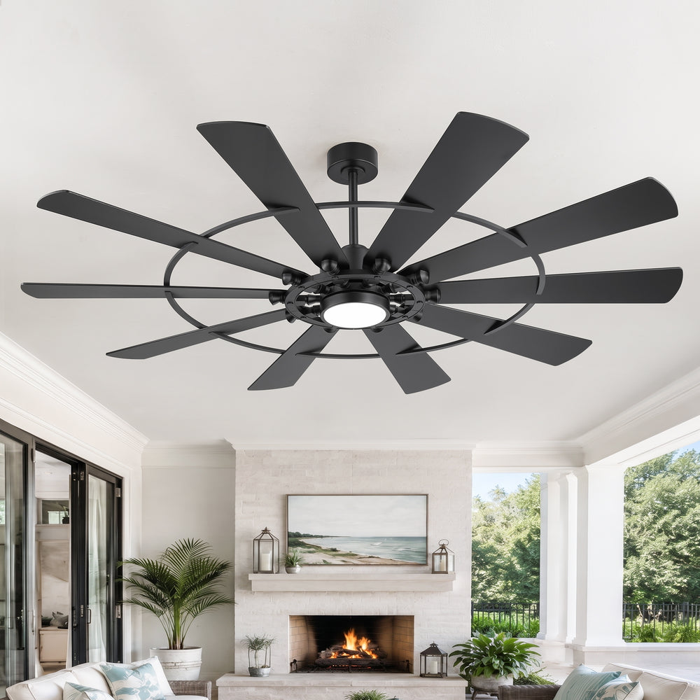 AeroOrbit 72 inch ceiling fan with light and remote installed in a large modern living room