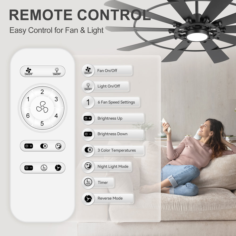 62/72 Inch Modern Ceiling Fan with Lights, Ultra Quiet DC Motor, 6-Speed Remote Control Fan for Large Living Room Bedroom