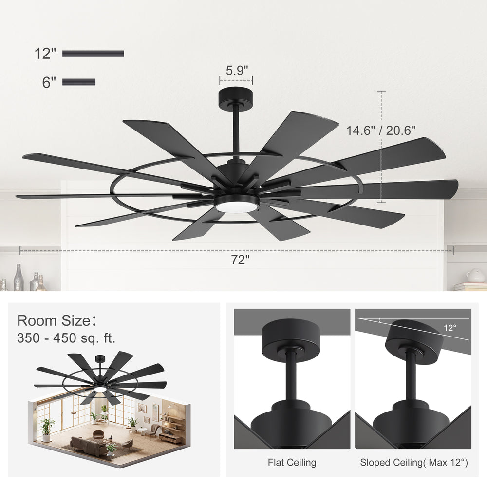 62/72 Inch Modern Black Ceiling Fan with Light, Quiet DC Motor, Remote Control, Reversible 6-Speed Fan, 3 Color Temperatures, Memory Function