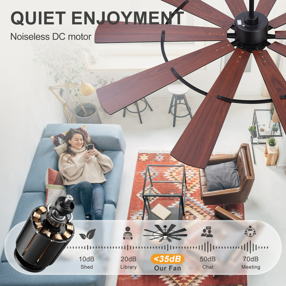 62/72 Inch Modern Black Ceiling Fan with Light, Quiet DC Motor, Remote Control, Reversible 6-Speed Fan, 3 Color Temperatures, Memory Function