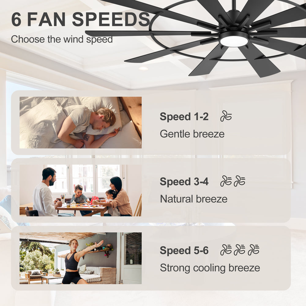 62/72 Inch Modern Black Ceiling Fan with Light, Quiet DC Motor, Remote Control, Reversible 6-Speed Fan, 3 Color Temperatures, Memory Function