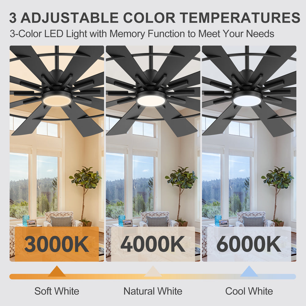 62/72 Inch Modern Black Ceiling Fan with Light, Quiet DC Motor, Remote Control, Reversible 6-Speed Fan, 3 Color Temperatures, Memory Function