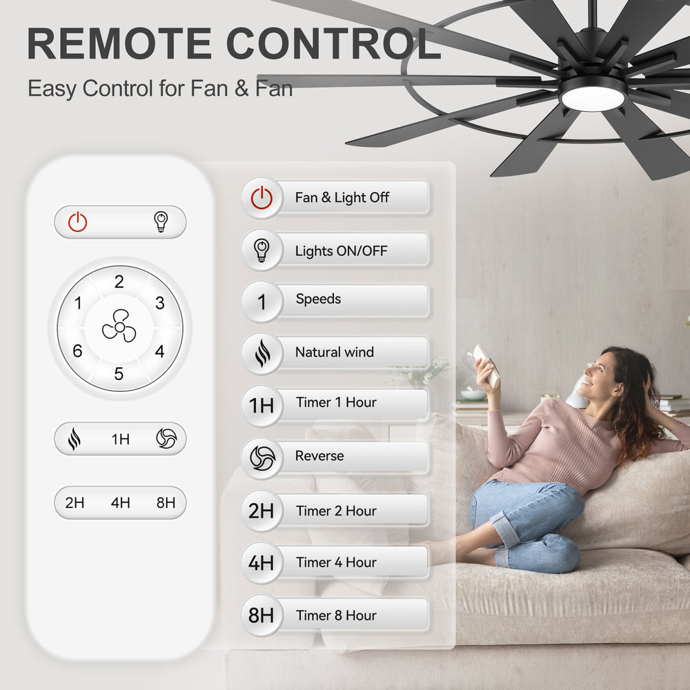 62/72 Inch Modern Black Ceiling Fan with Light, Quiet DC Motor, Remote Control, Reversible 6-Speed Fan, 3 Color Temperatures, Memory Function