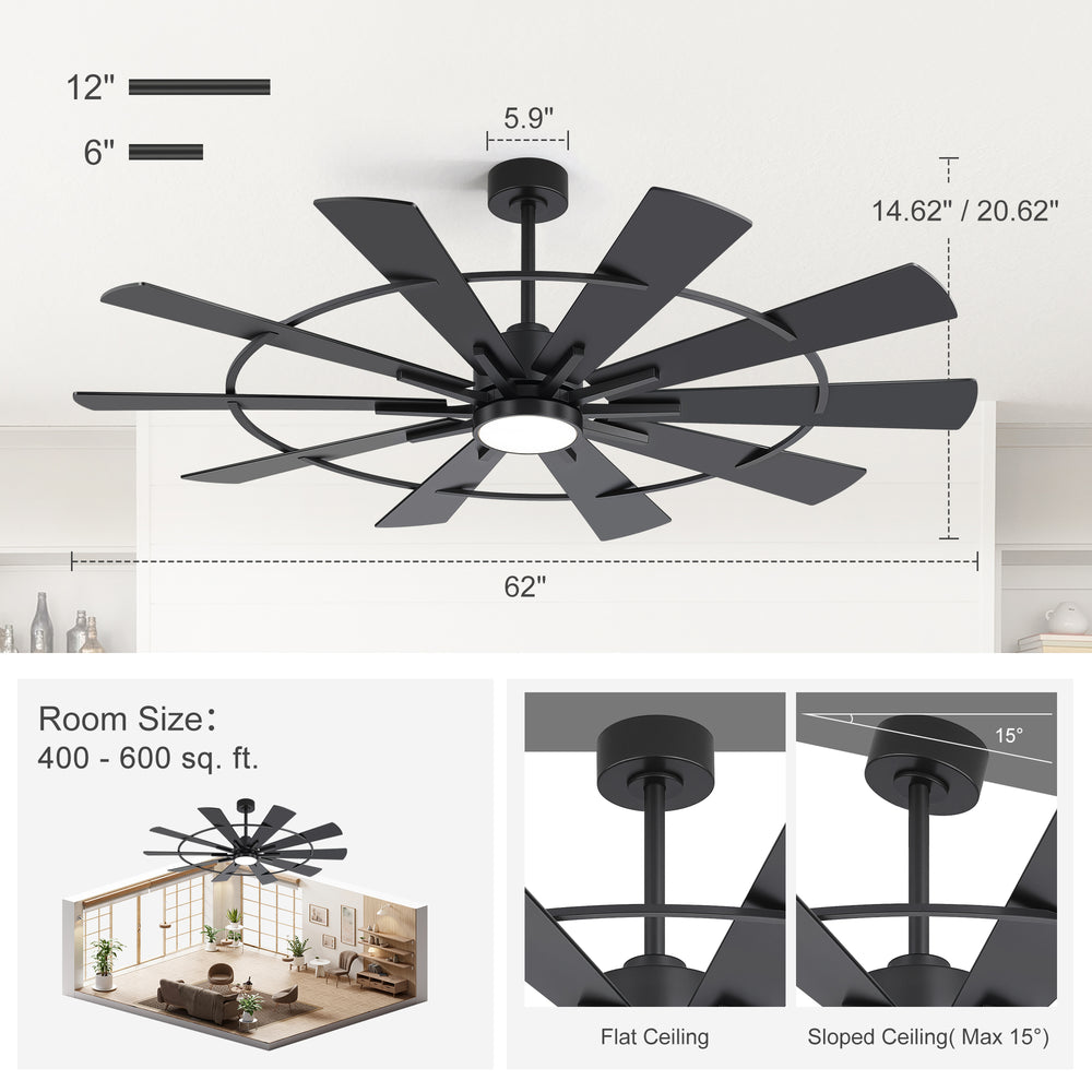 62/72 Inch Modern Black Ceiling Fan with Light, Quiet DC Motor, Remote Control, Reversible 6-Speed Fan, 3 Color Temperatures, Memory Function