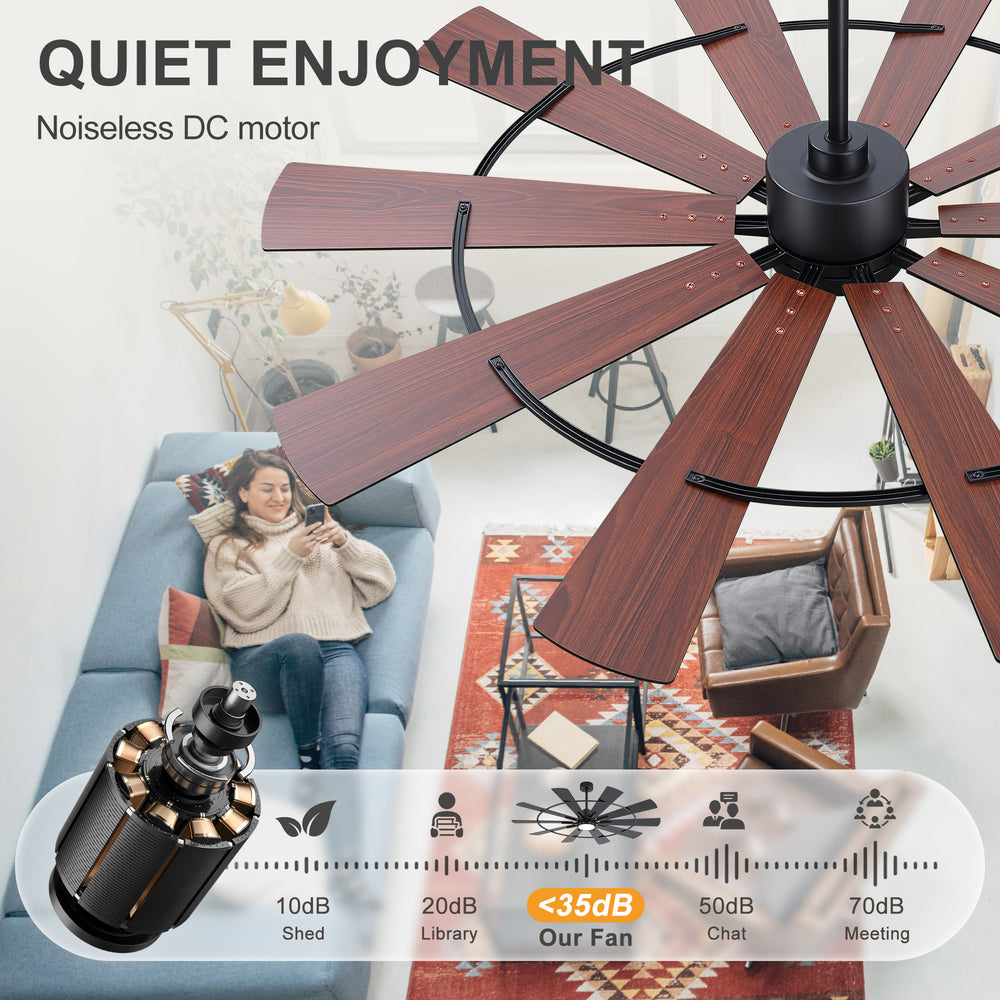 62/72 Inch Modern Black Ceiling Fan with Light, Quiet DC Motor, Remote Control, Reversible 6-Speed Fan, 3 Color Temperatures, Memory Function