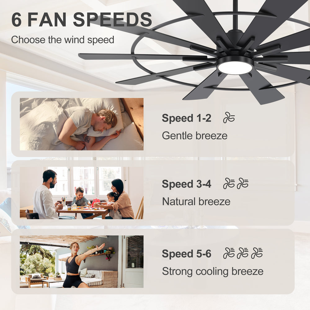 62/72 Inch Modern Black Ceiling Fan with Light, Quiet DC Motor, Remote Control, Reversible 6-Speed Fan, 3 Color Temperatures, Memory Function